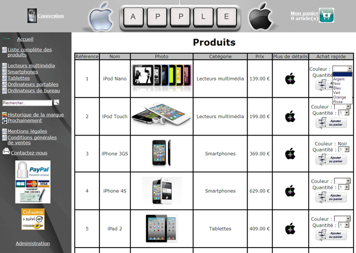 Site web fictif de vente en ligne Apple